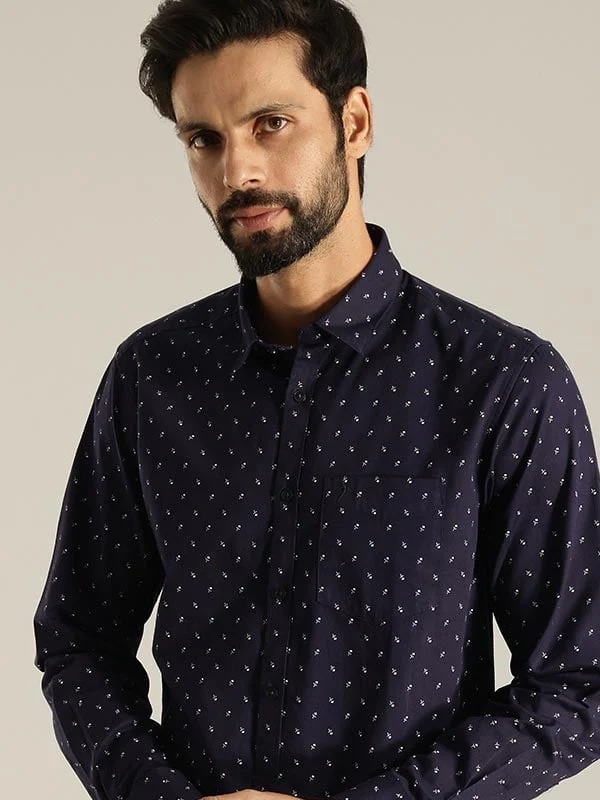 Indian Terrain Men's Slim Fit Full Sleeve All Over Print Navy Shirt